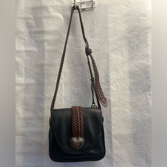Vintage Brighton Black Smooth Leather Crossbody Purse Bag w/brown woven strap. T - Picture 5 of 15